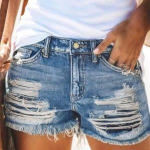 Pocket Button Ripped Hole Denim Shorts - Blue